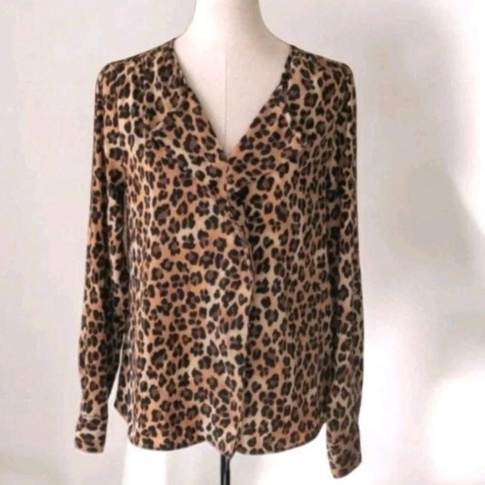 New Dana Buchman Leopard Top Animal Print Blouse Ruffled Long Sleeve Cheetah 4